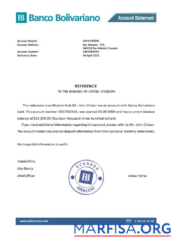 Printable Ecuador Banco Bolivariano bank reference template